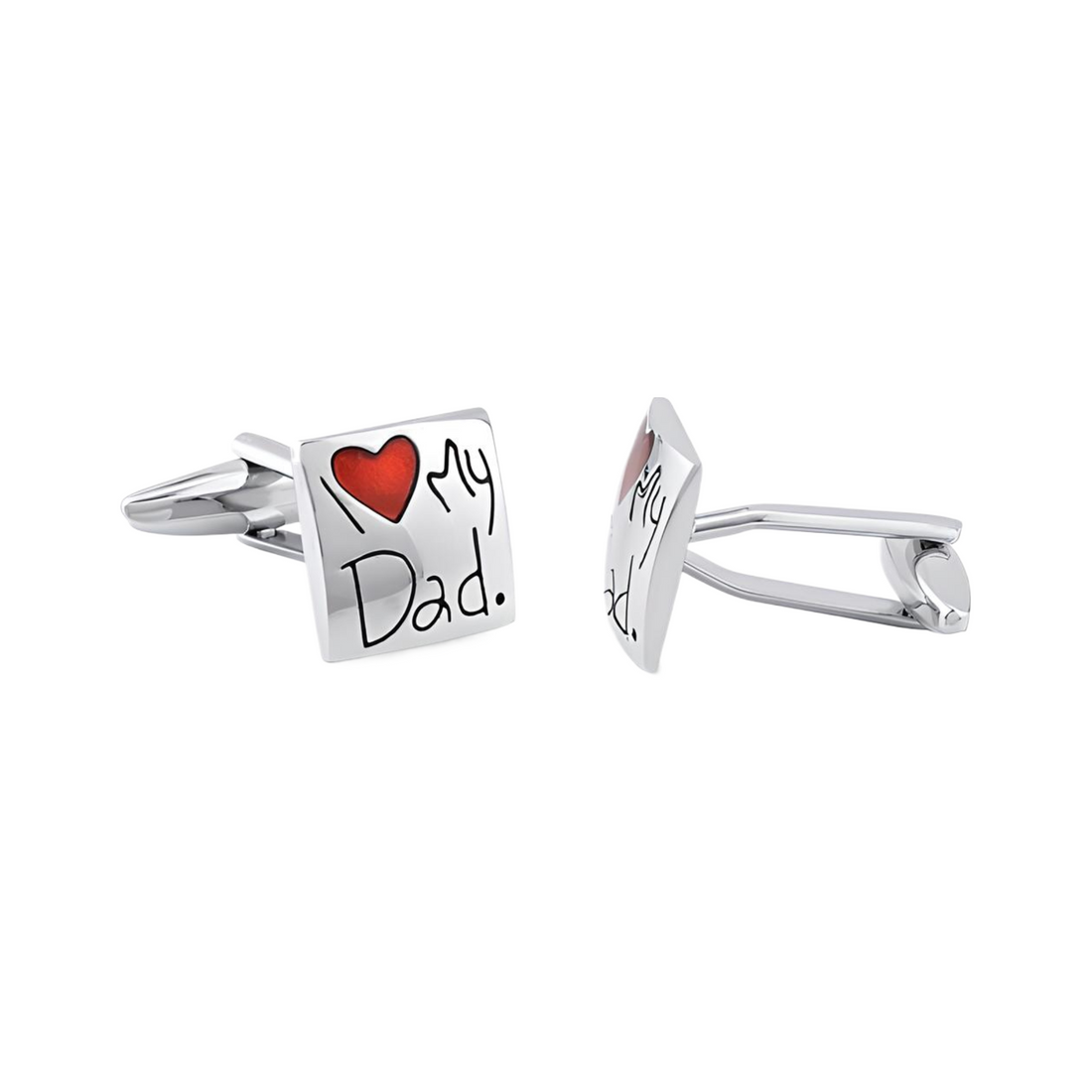 Brass Square Cufflink With Red Enamel I love My Dad - Rhodium Plated - Everbond Gifts