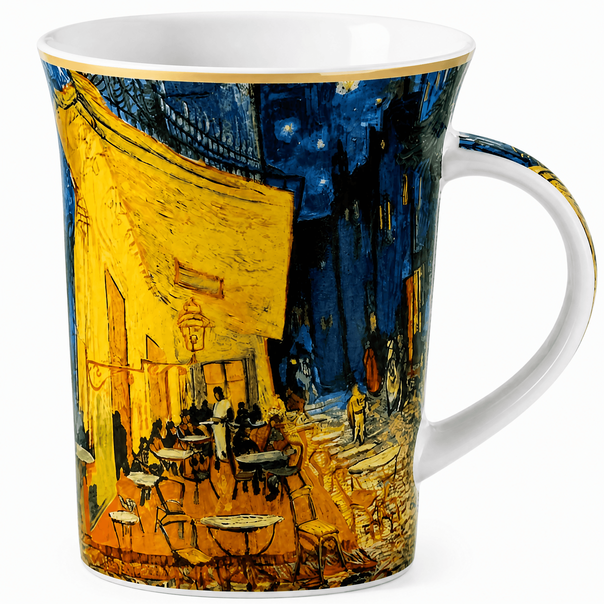 Mug with a design inspired by Van Gogh's 'Cafe Terrace at Night' on a white background