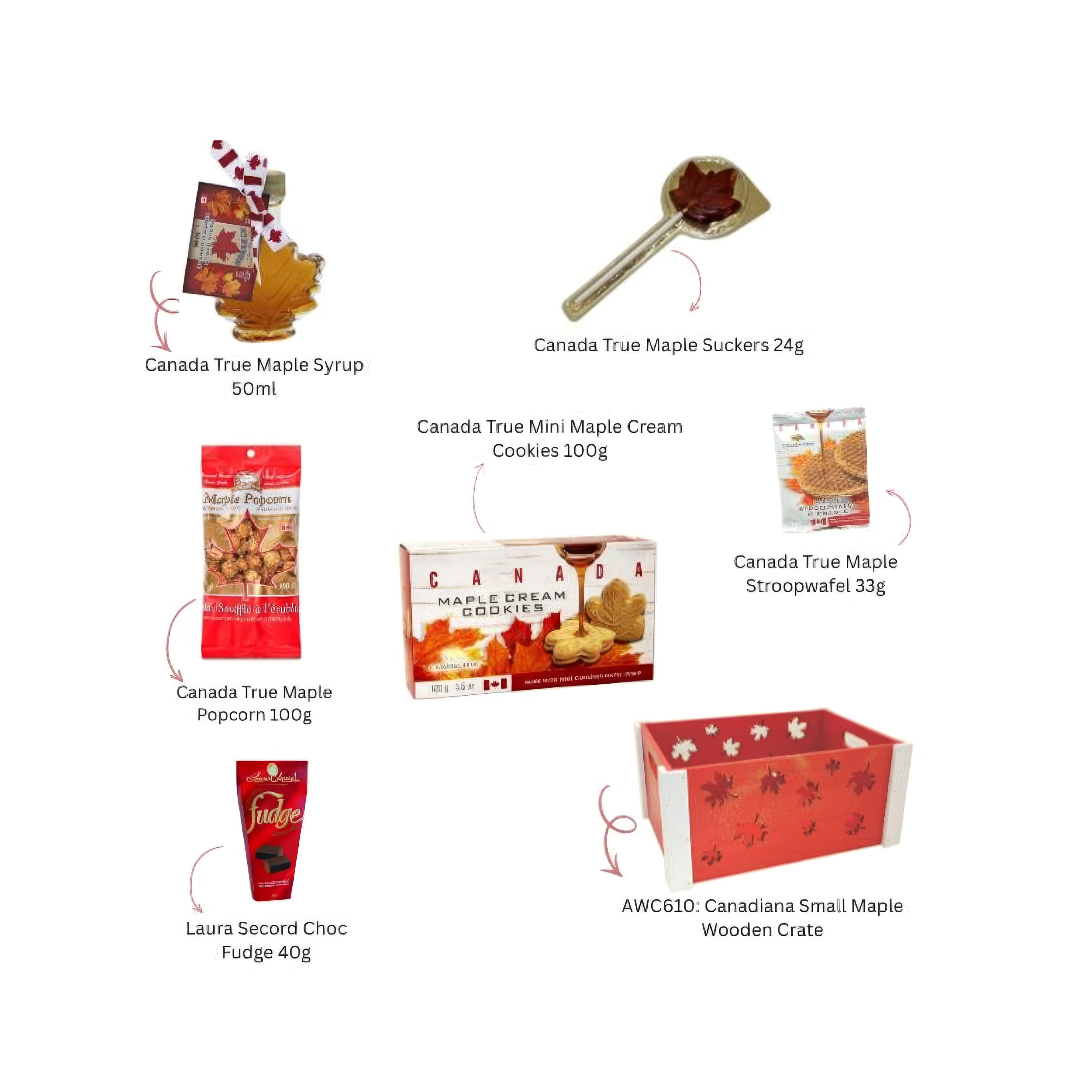 Canadiana Small Gift Basket featuring maple syrup, cookies, popcorn, suckers, stroopwafel, and chocolate fudge.