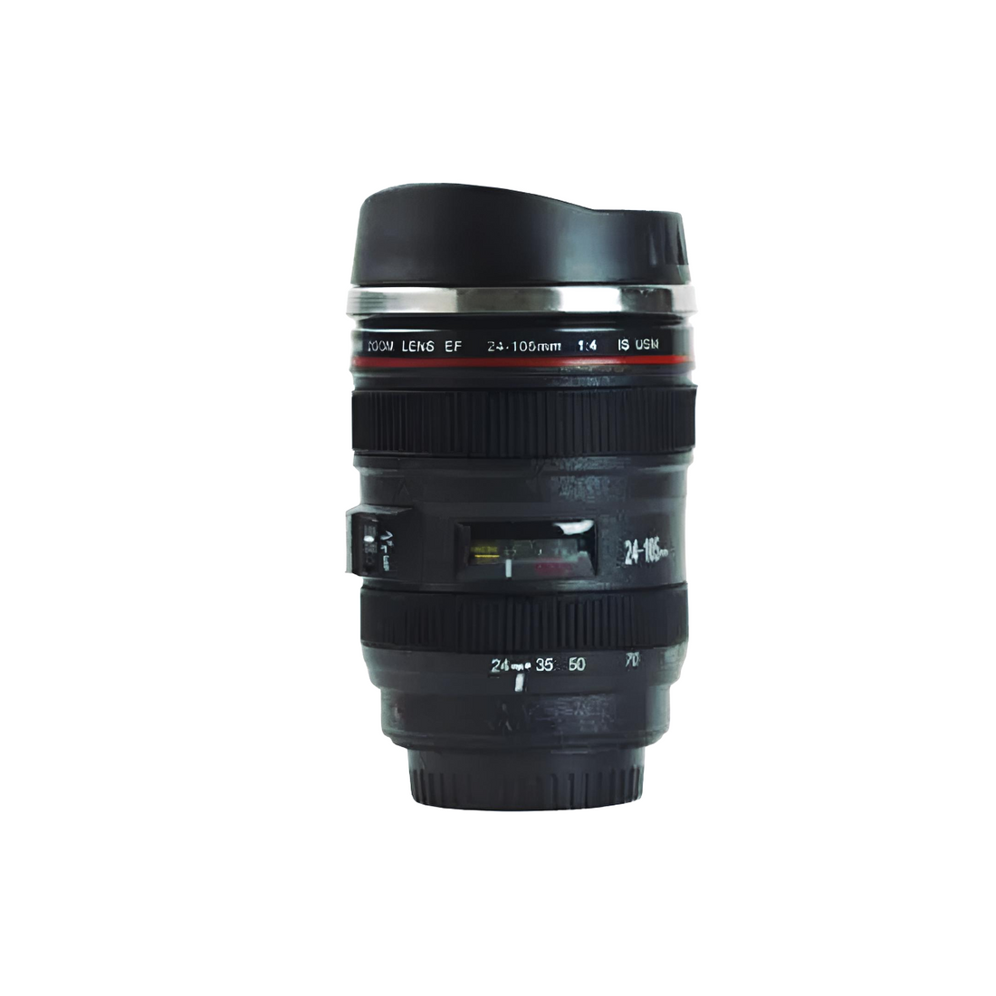 Black camera lens mug with red accents on a white background