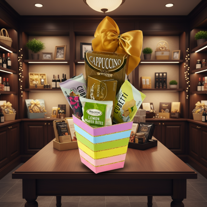 Cappuccino Supreme Gift Basket with assorted treats and a yellow bow in an elegant setting.