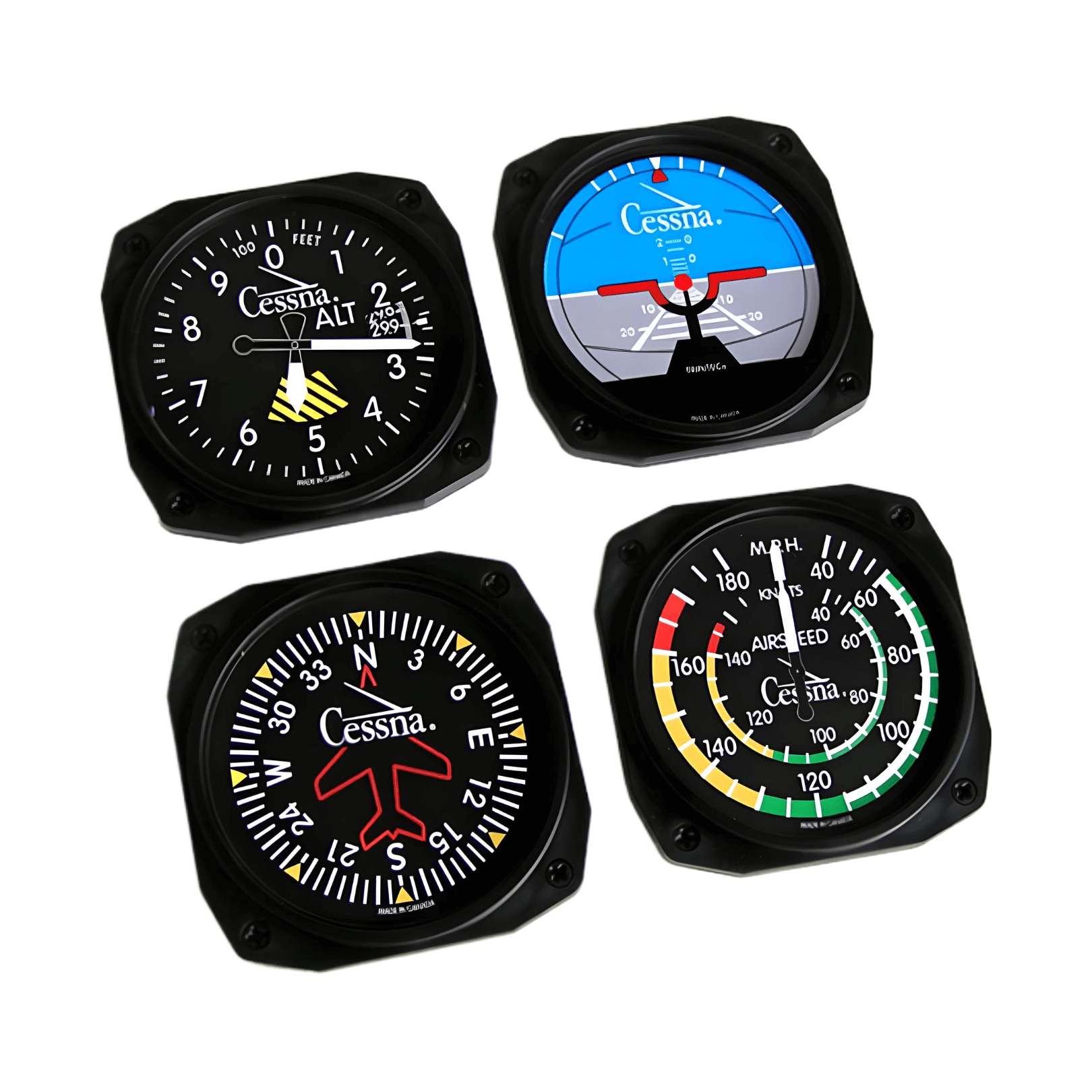 Set of four Cessna aviation instruments on a white background
