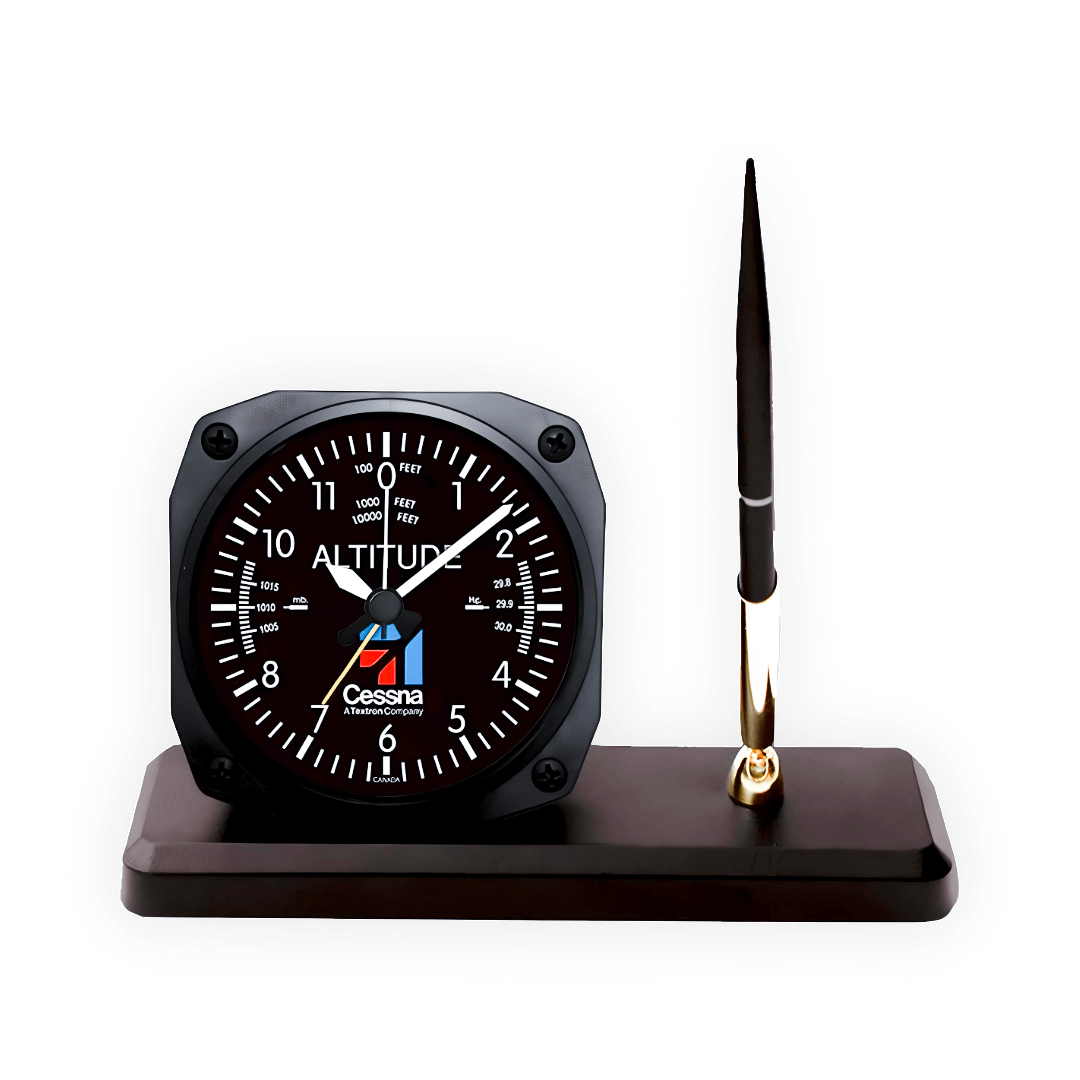 Cessna altitude gauge clock with antenna on a white background