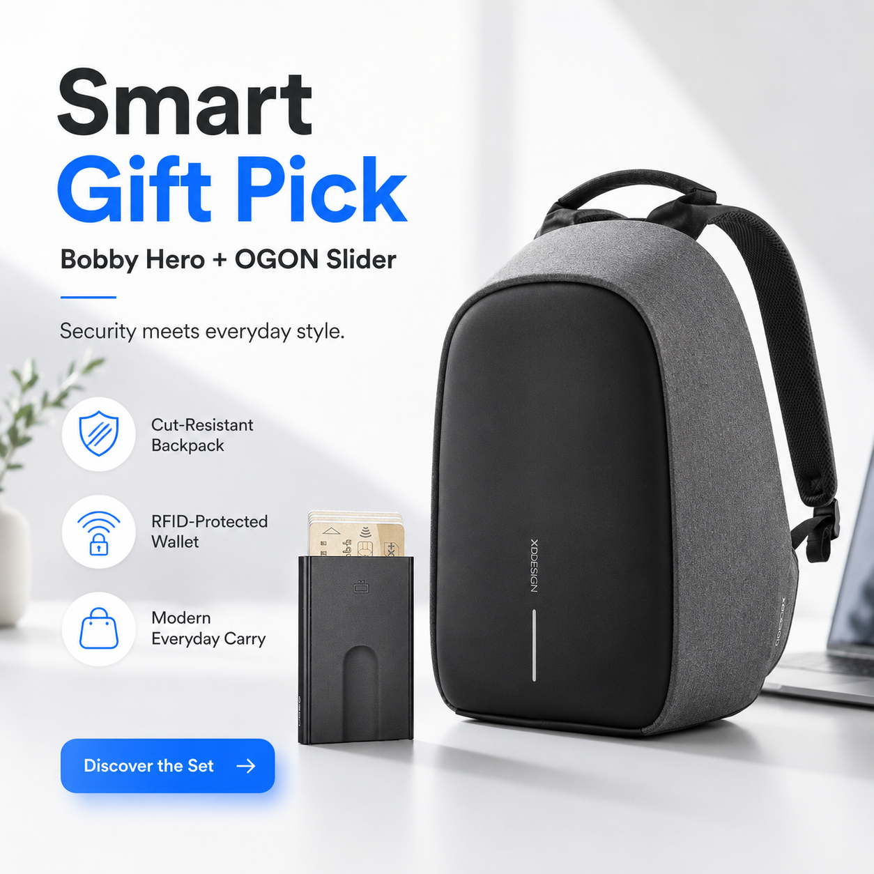 Anti-Theft Backpack and Aluminum Wallet Set featuring Bobby Hero and OGON Slider for secure everyday use.