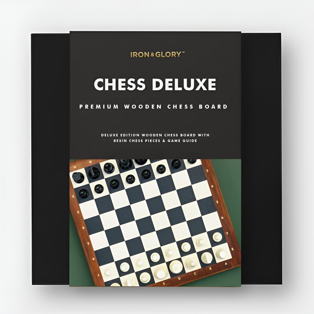 Chess Deluxe premium wooden chess board with resin pieces and game guide.