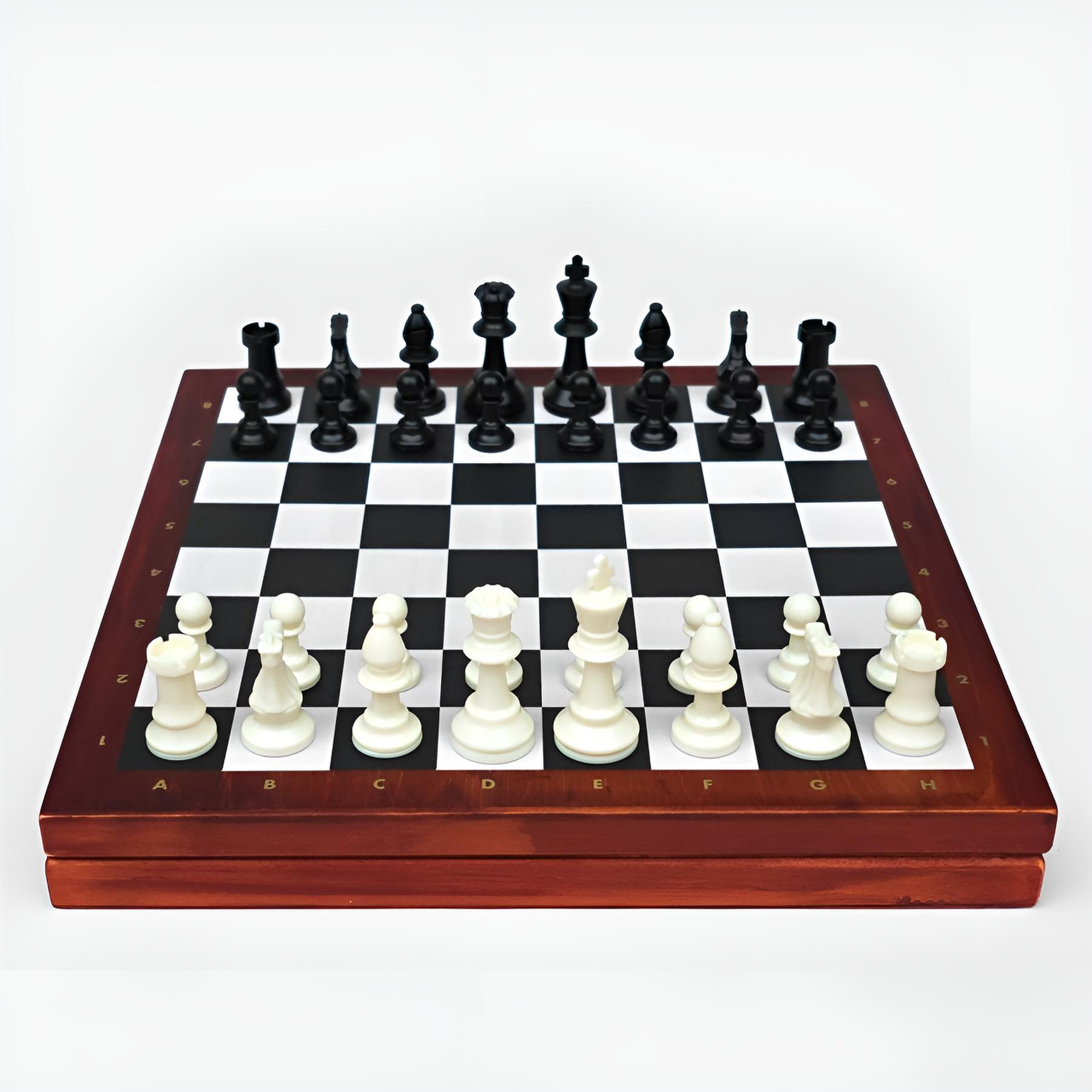 Chess Deluxe premium wooden chess set with full size resin pieces on a classic black and white chess board.