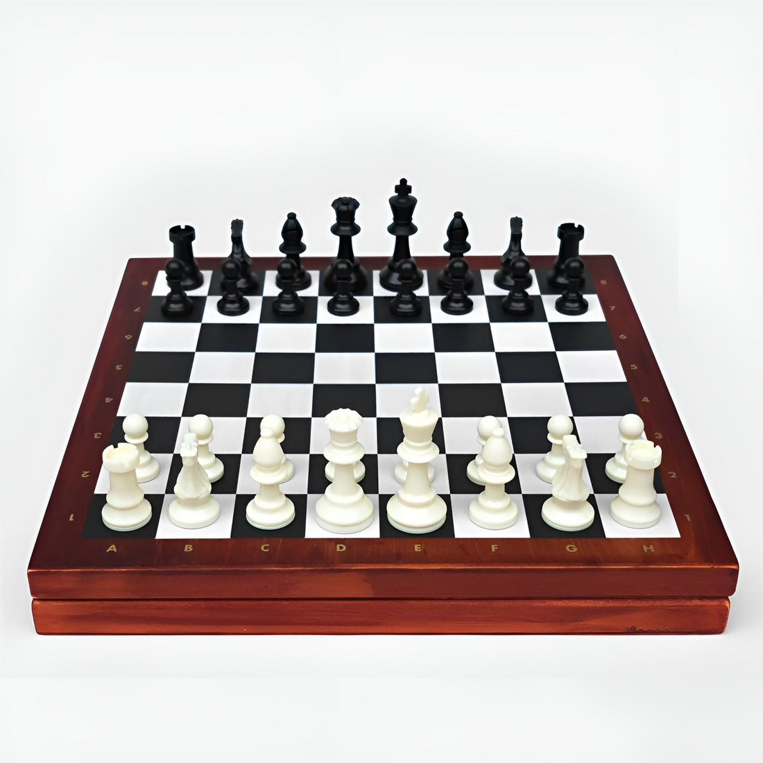 Chess Deluxe premium wooden chess set with full size resin pieces on a classic black and white chess board.