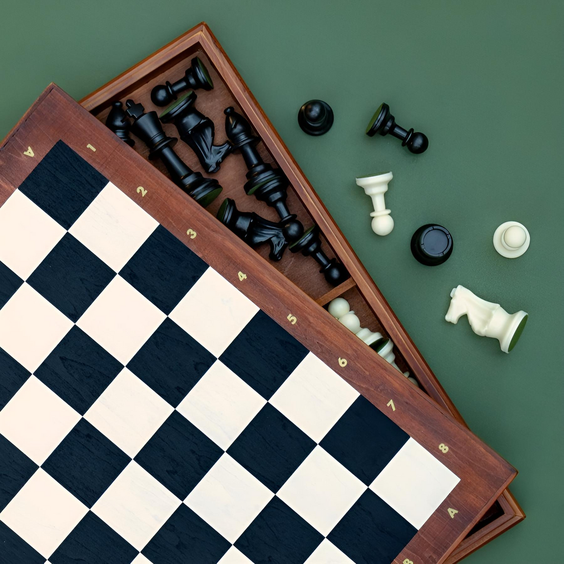 Chess Deluxe wooden chess set featuring full-size resin pieces on a green background.