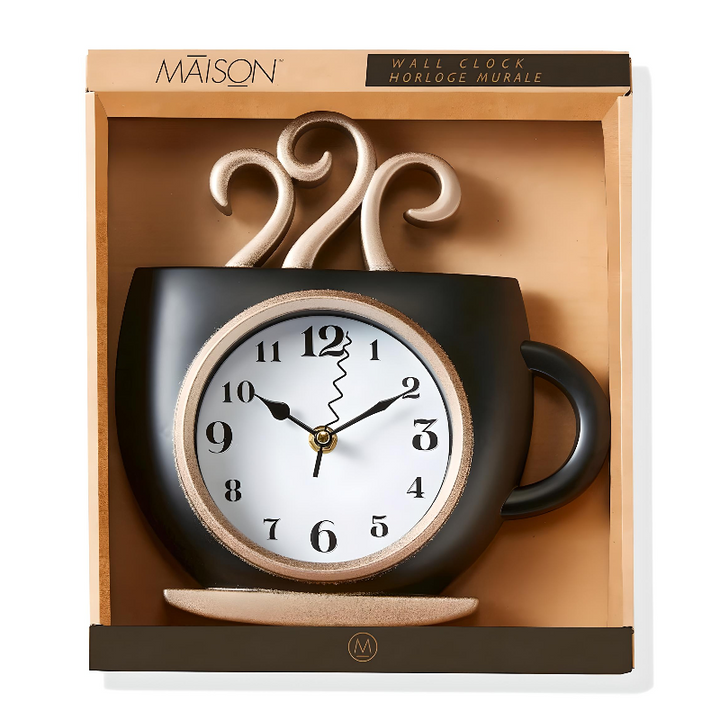 Coffee Mug Wall Clock – Black & Gold Kitchen Decor