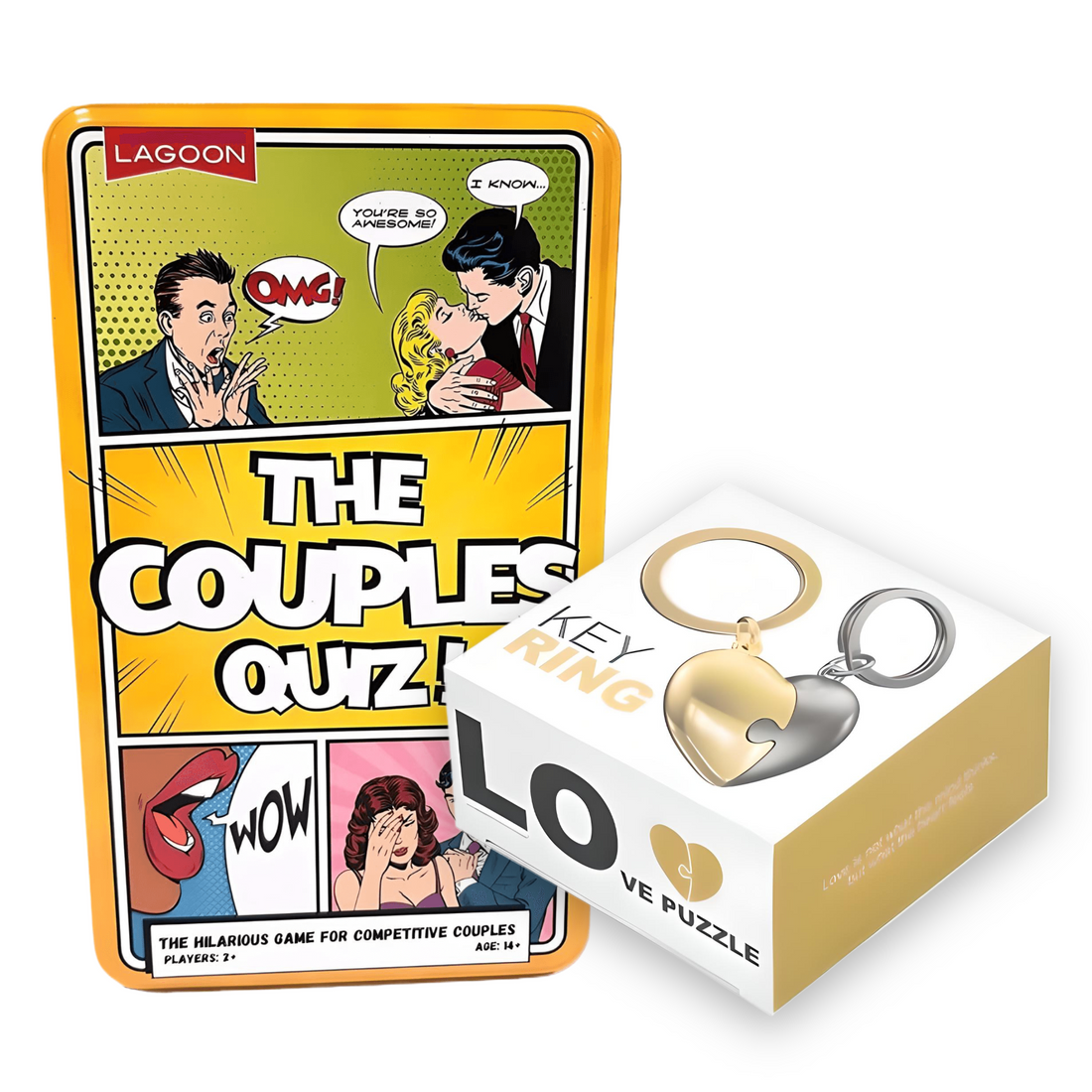 Card game box titled 'The Couples Quiz' with a key ring and heart-shaped object on a white background.
