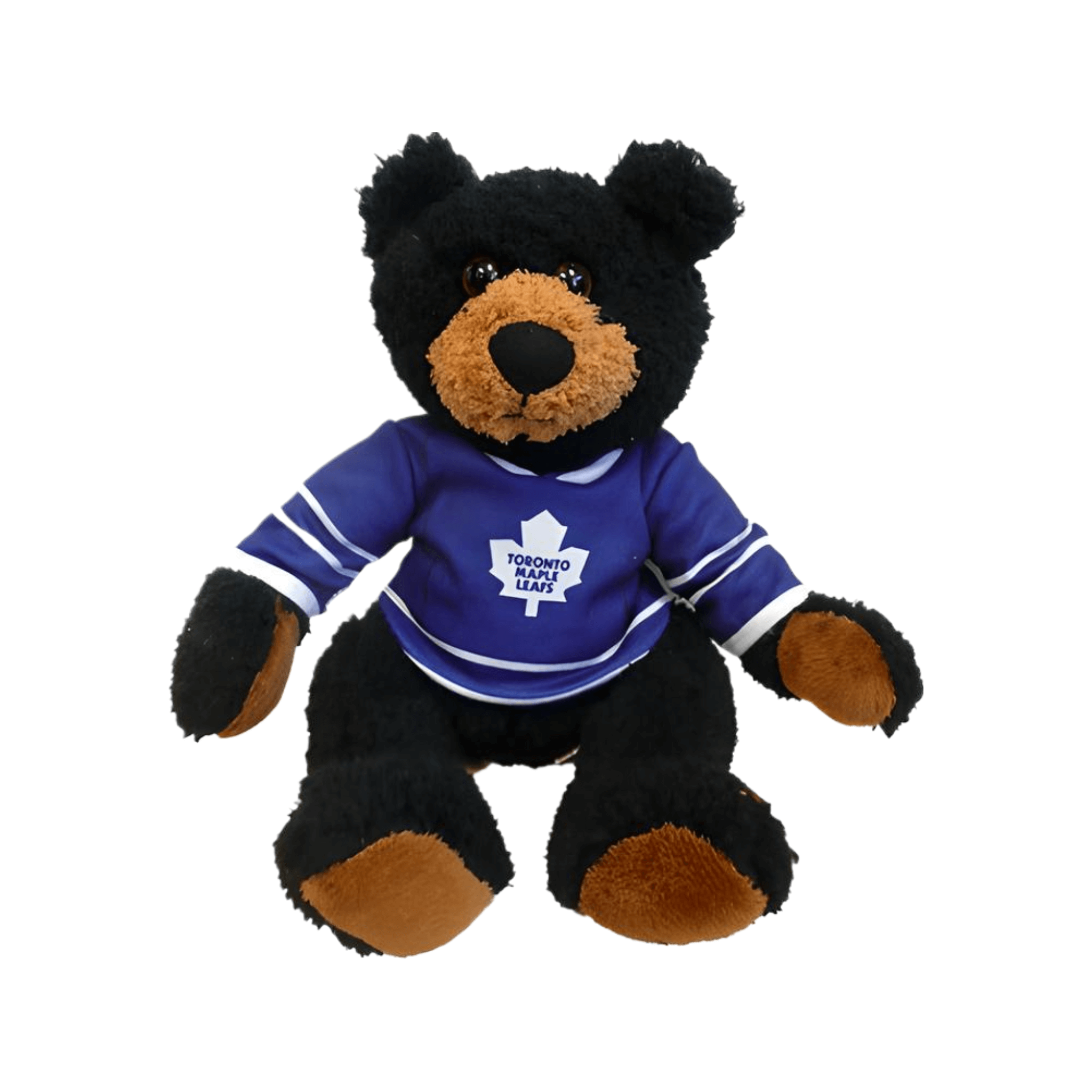 Plush bear wearing a Toronto Maple Leafs jersey on a white background