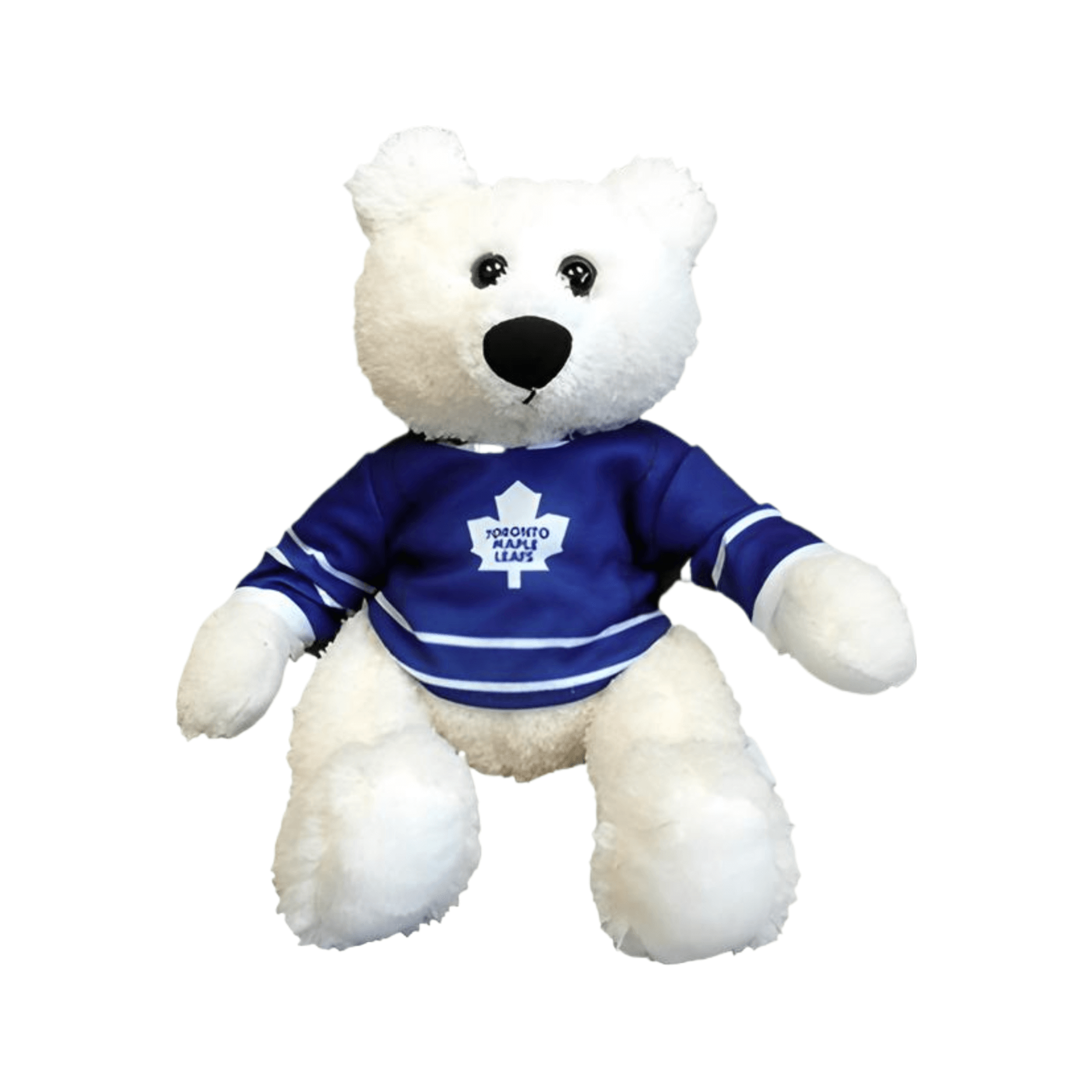 White teddy bear wearing a blue Toronto Maple Leafs jersey on a white background