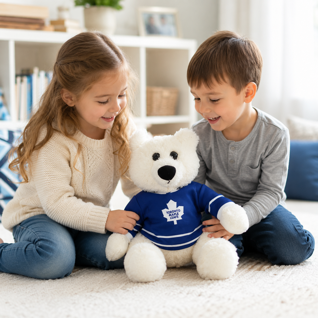 Two children playing with a white teddy bear wearing a blue jersey in a cozy living room.
