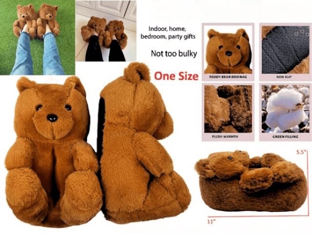 Cute Brown Bear Slippers - One Size with plush interior and non-slip sole for comfort and style.