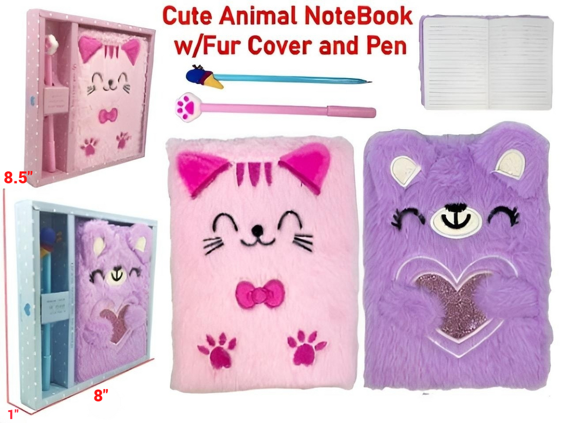 Cute Animal Notebook with Fur Cover & Pen