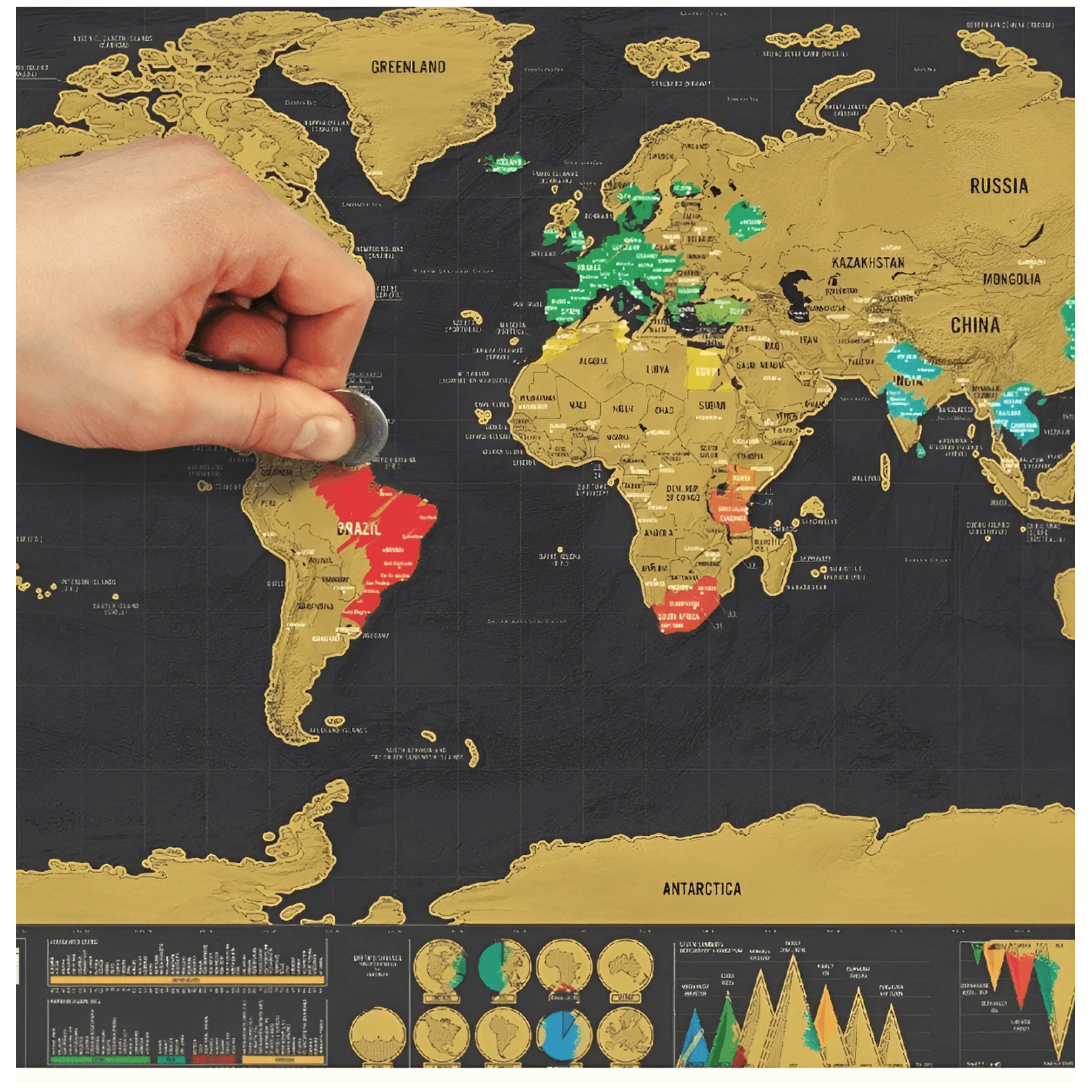 Hand scratching off countries on the Deluxe Scratch Map, revealing vibrant colors underneath.