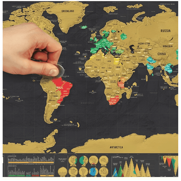 Hand scratching off countries on the Deluxe Scratch Map, revealing vibrant colors underneath.