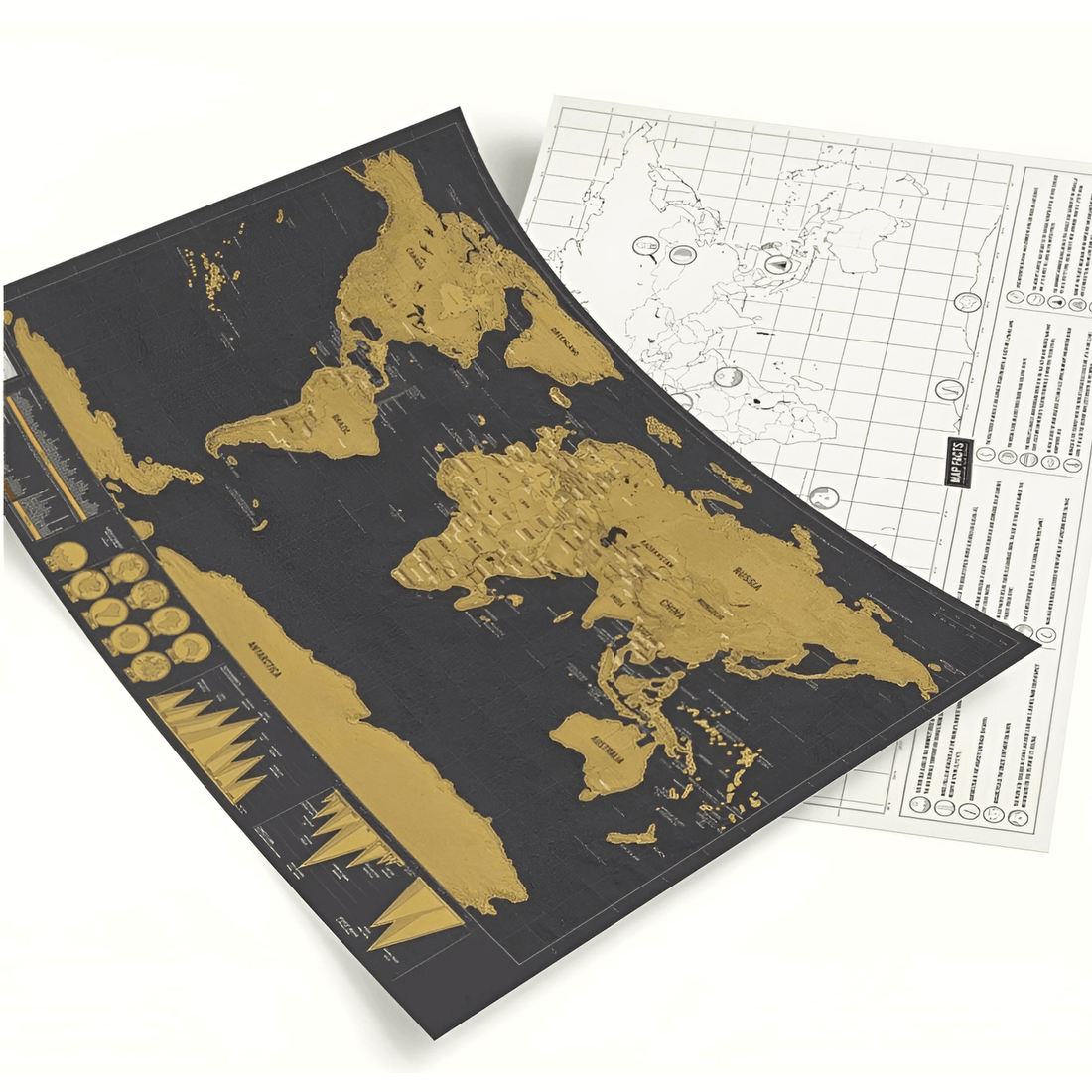 Deluxe Scratch Map featuring a black background with copper foil overlay, showcasing vibrant scratch-off areas.