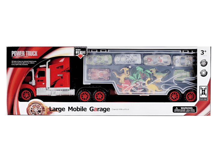 Dinosaur Truck Toy with 6 Cars, Ramp & Lockable Storage Case in colorful packaging with vibrant design.