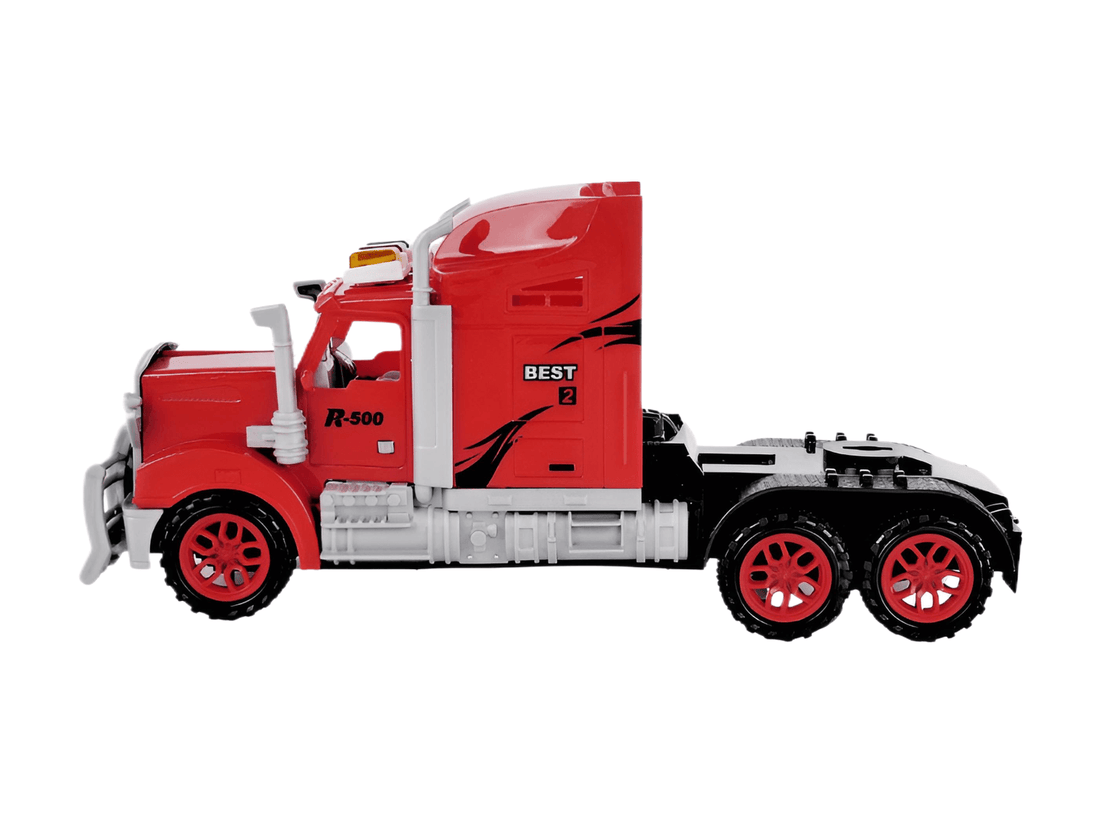 Dinosaur Truck Toy with 6 Cars, Ramp & Lockable Storage Case, showcasing a vibrant red truck design.