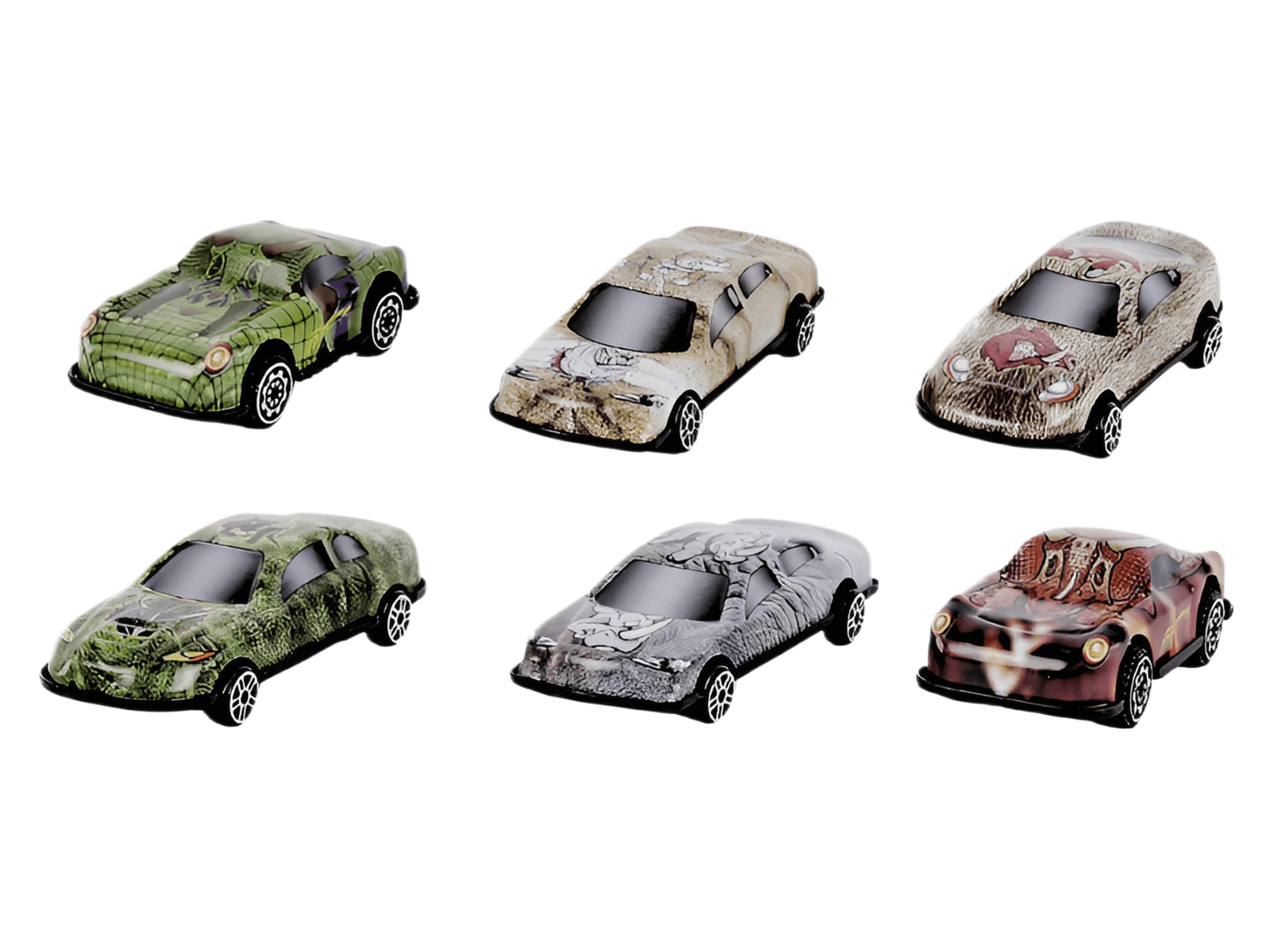 Dinosaur Truck Toy with 6 Cars, Ramp & Lockable Storage Case featuring six colorful toy cars.
