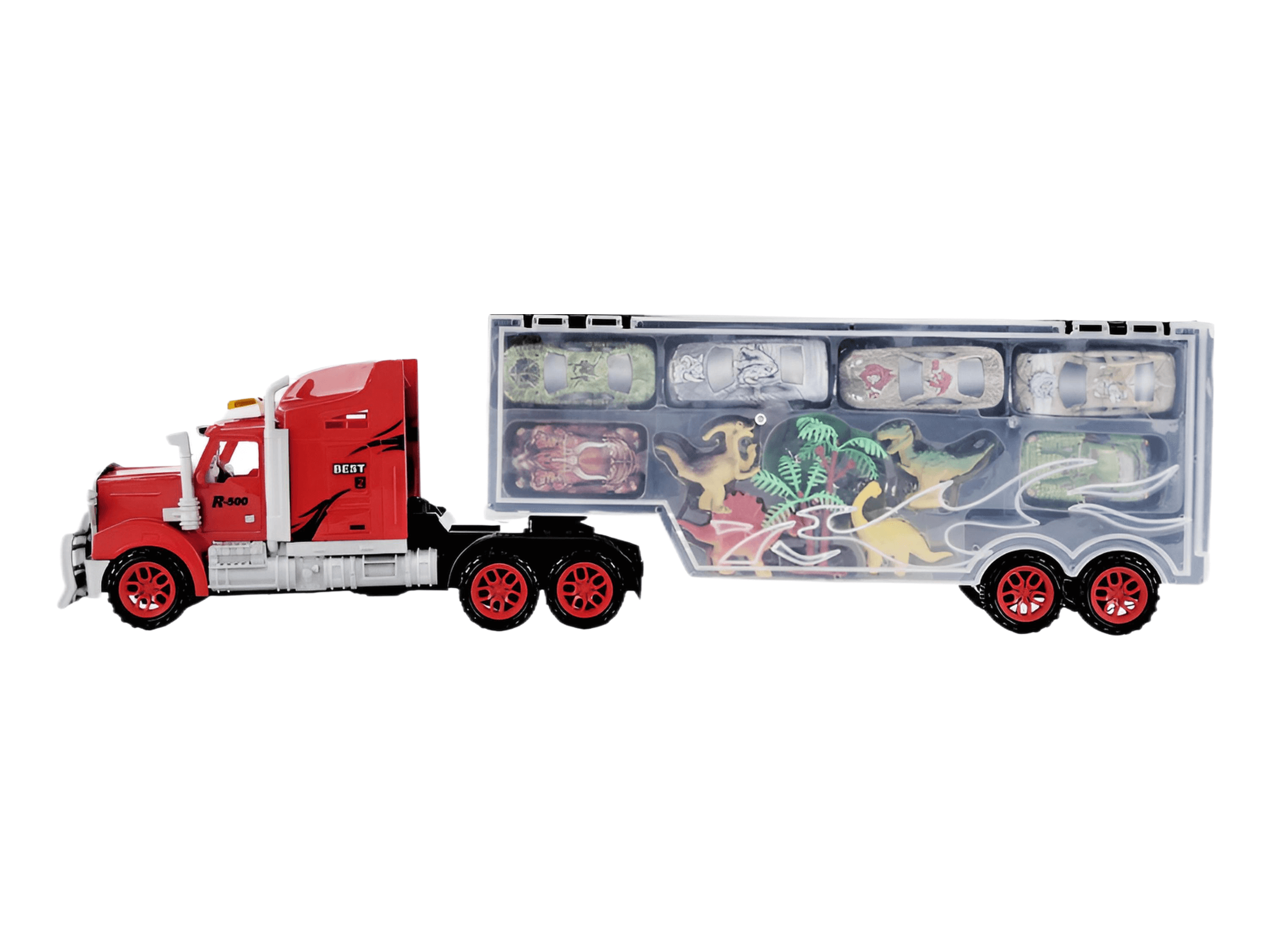 Dinosaur Truck Toy with 6 Cars, Ramp & Lockable Storage Case showcasing a red truck with mini dinosaurs and cars inside.