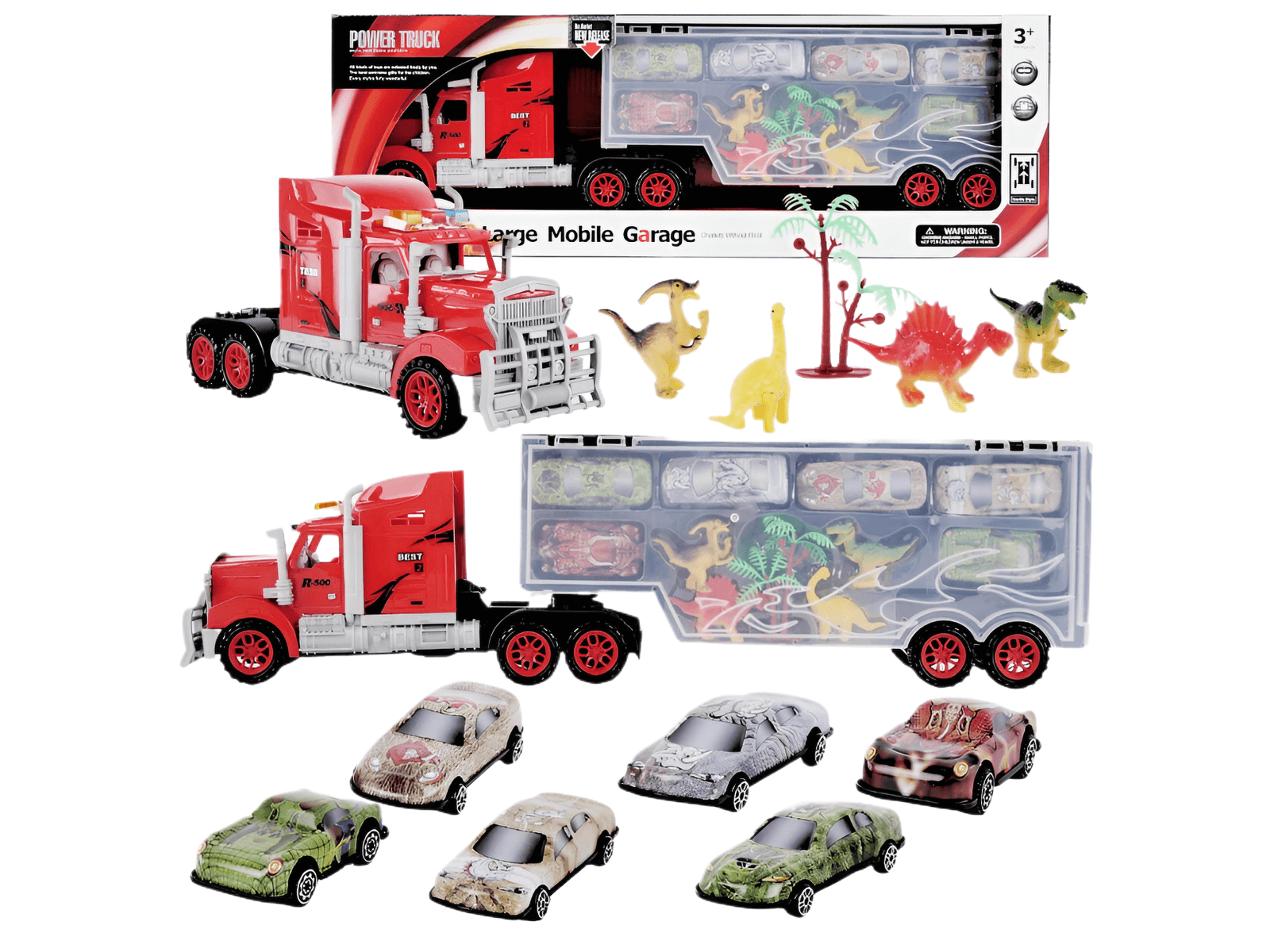 Dinosaur Truck Toy with 6 Cars, Ramp & Lockable Storage Case featuring colorful cars and mini dinosaurs.