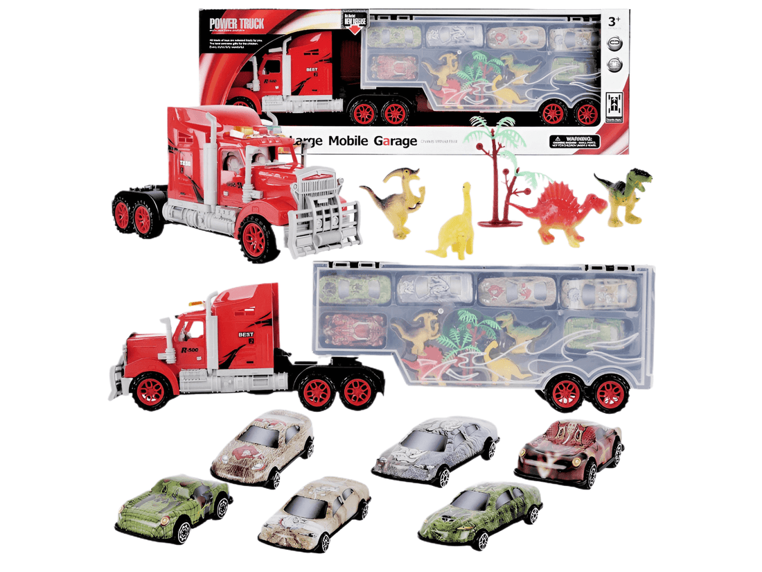 Dinosaur Truck Toy with 6 Cars, Ramp & Lockable Storage Case featuring colorful cars and mini dinosaurs.