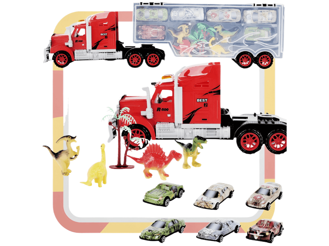 Dinosaur Truck Toy with 6 Cars, Ramp & Lockable Storage Case featuring colorful cars and mini dinosaurs.
