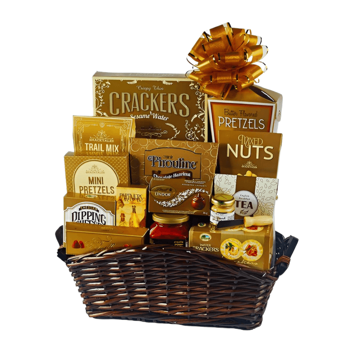 Earth & Gold Gourmet Gift Basket – Premium Snacks & Treats with assorted crackers, pretzels, nuts, and chocolates.