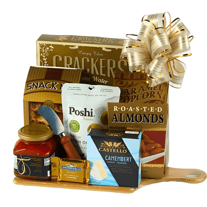 Epicurean Delight Gourmet Basket – Cheese, Crackers & More featuring gourmet snacks and treats.