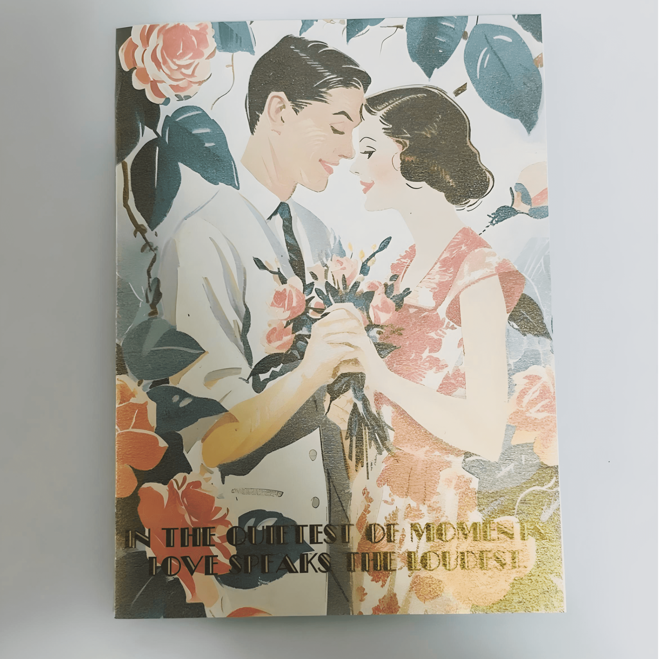 Evergreen Embrace Valentine’s Day card featuring a couple with flowers, elegant design for expressing love.