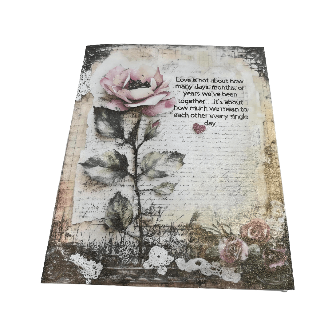 Timeless Affection Valentine's Day card featuring vintage rose and love letter background with heartfelt quote.