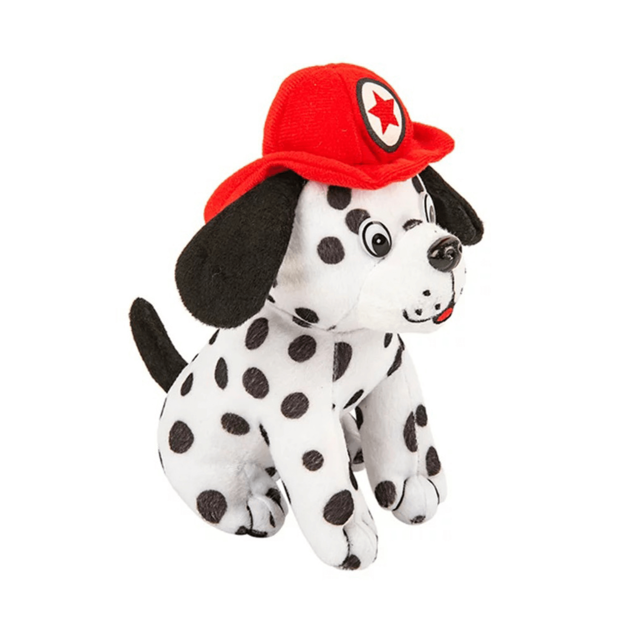 Firefighter Dalmatian Plush 7" in a red fire hat, perfect cuddly gift for kids and dog lovers.