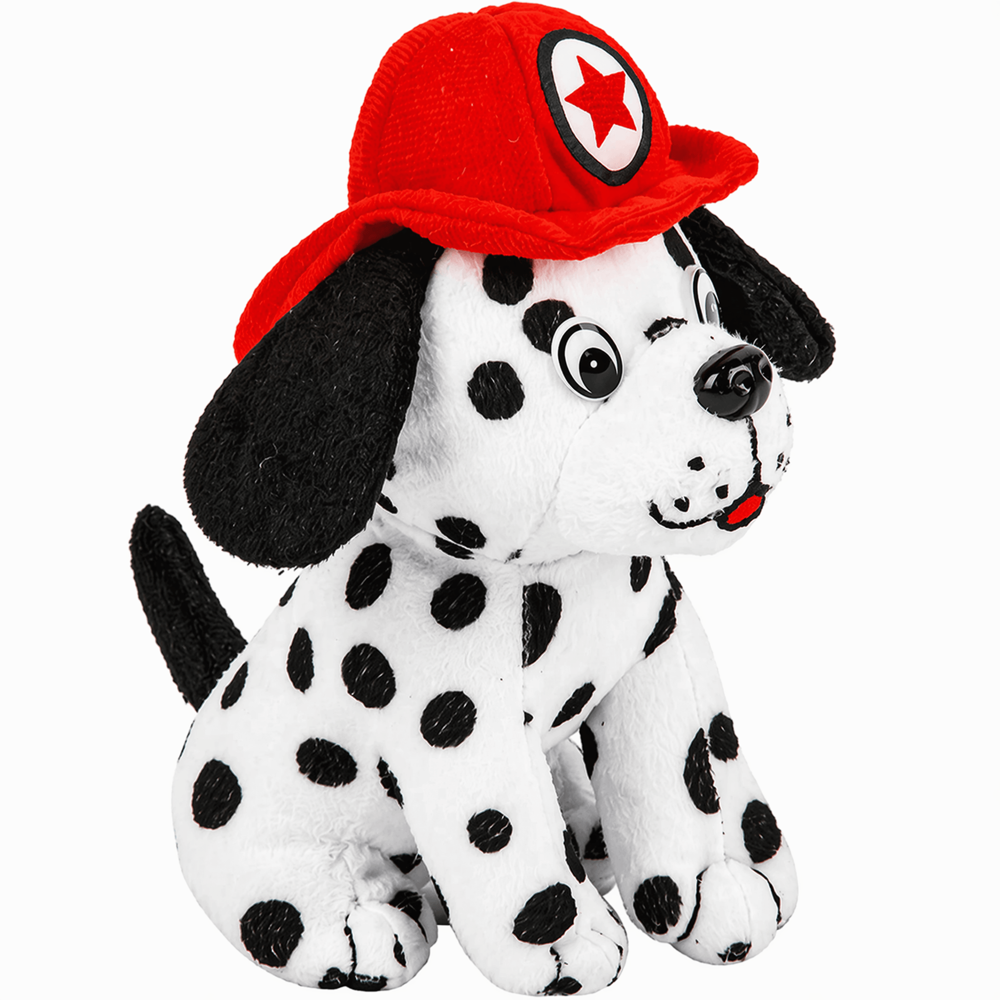 Firefighter Dalmatian Plush 7" wearing a red fire hat, perfect gift for kids and dog lovers.