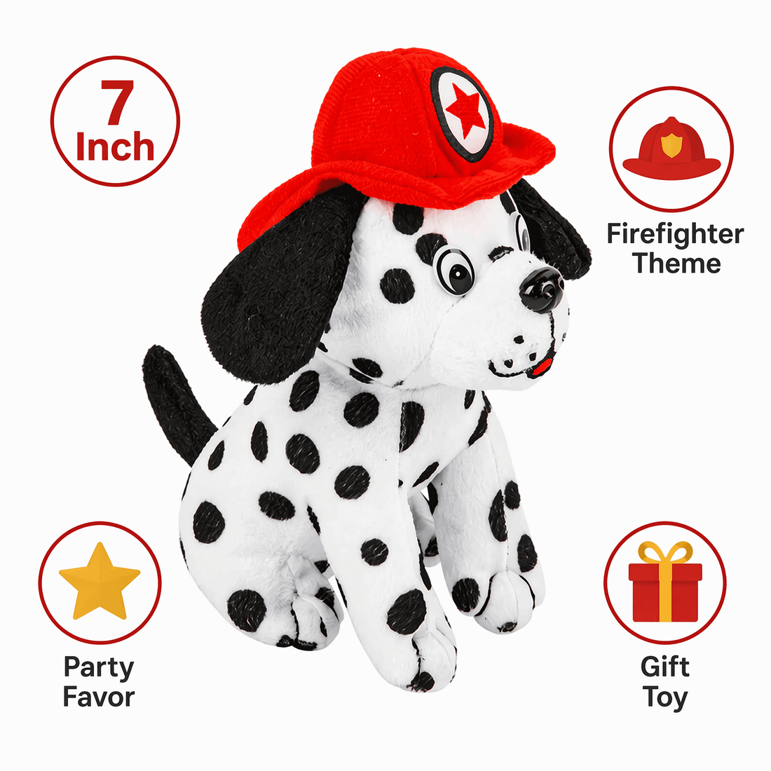 Firefighter Dalmatian Plush 7" in red hat, perfect gift for kids and party favors.