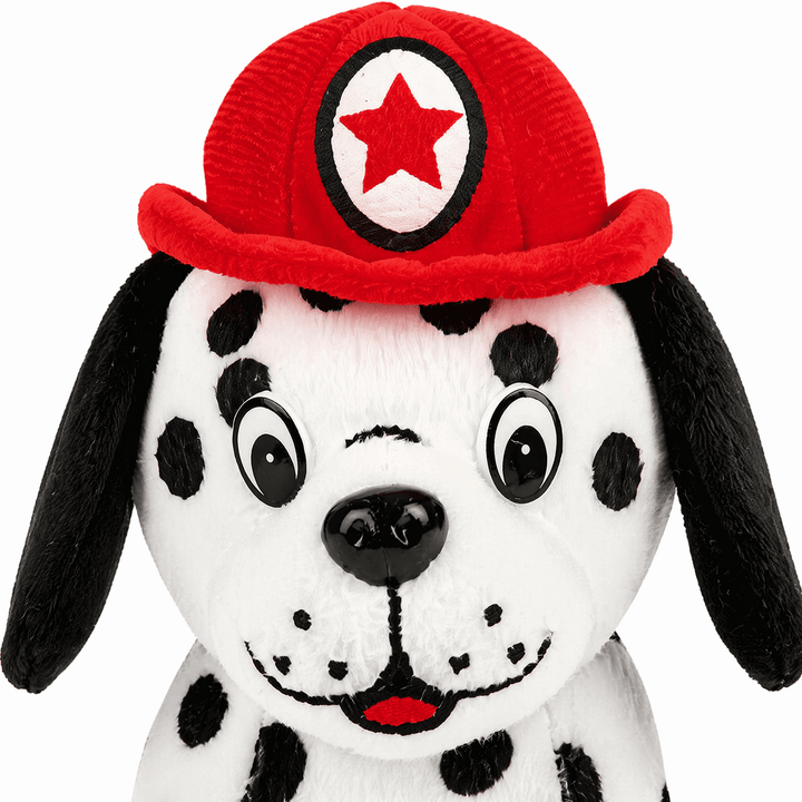 Firefighter Dalmatian Plush 7" wearing a red fire hat, soft and cuddly stuffed dog toy for kids and collectors.
