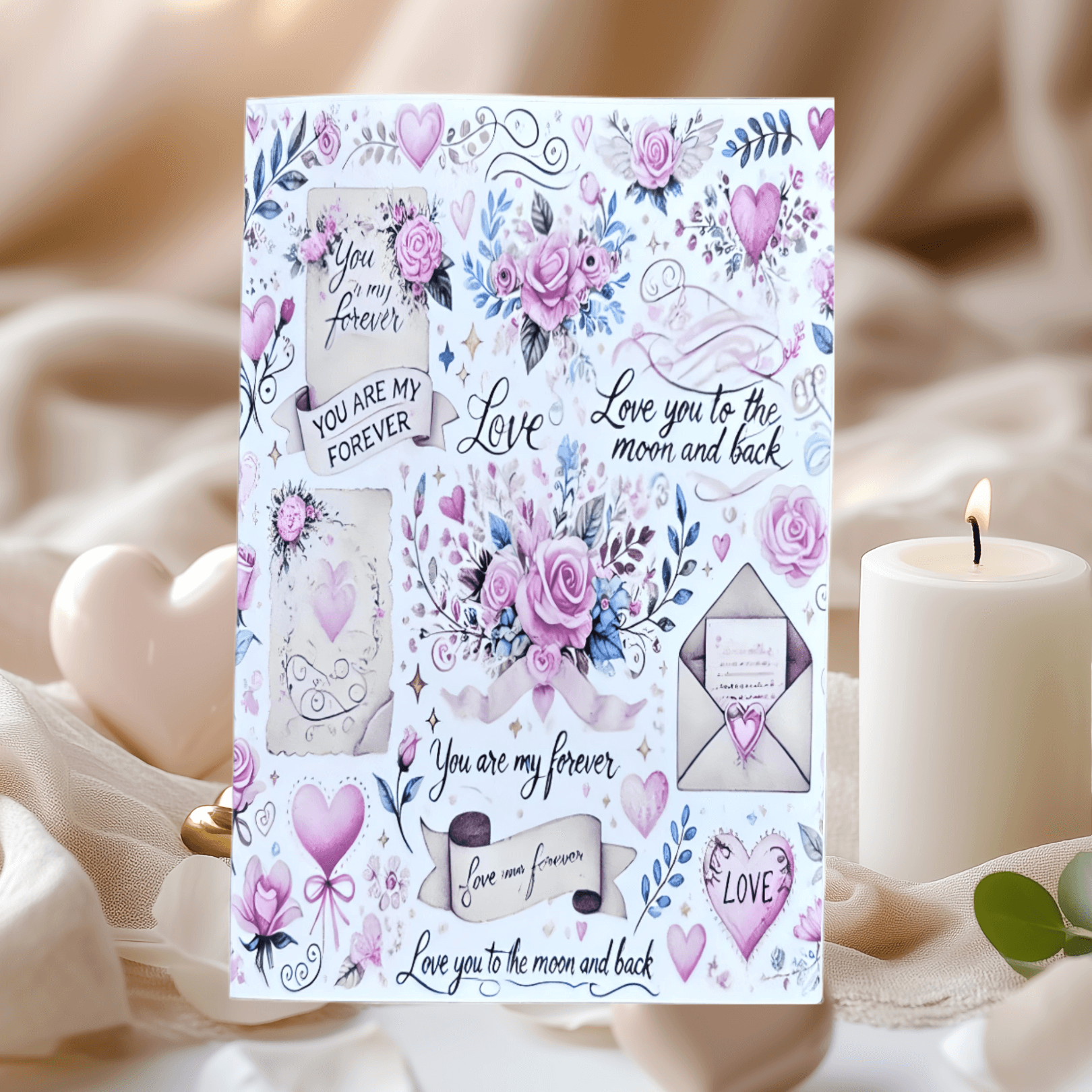 Floral Whispers Valentine's Day Card with pink flowers, hearts, and romantic phrases on a soft background.