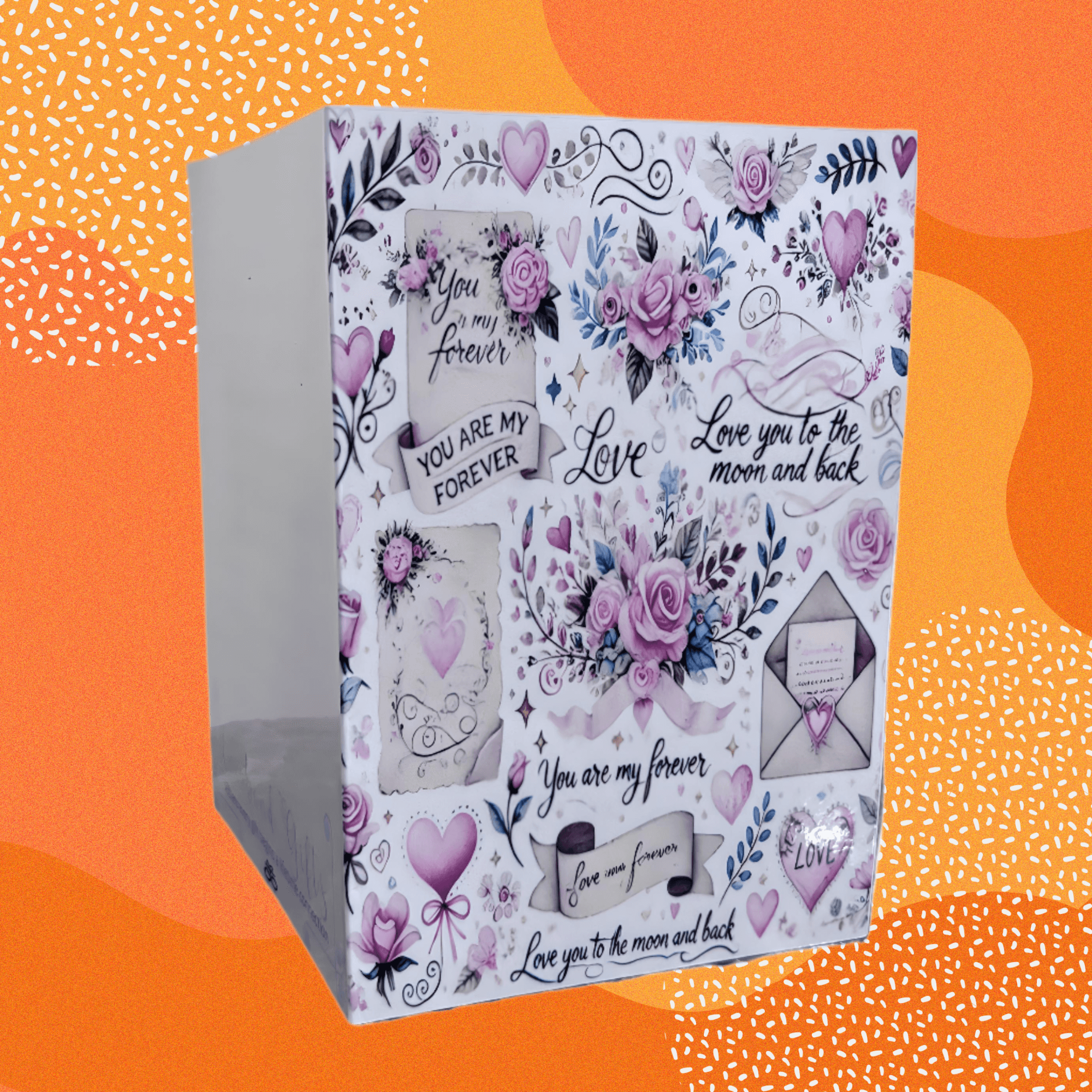 Floral Whispers Valentine's Day Card design featuring pink flowers, hearts, and romantic phrases for expressing love.