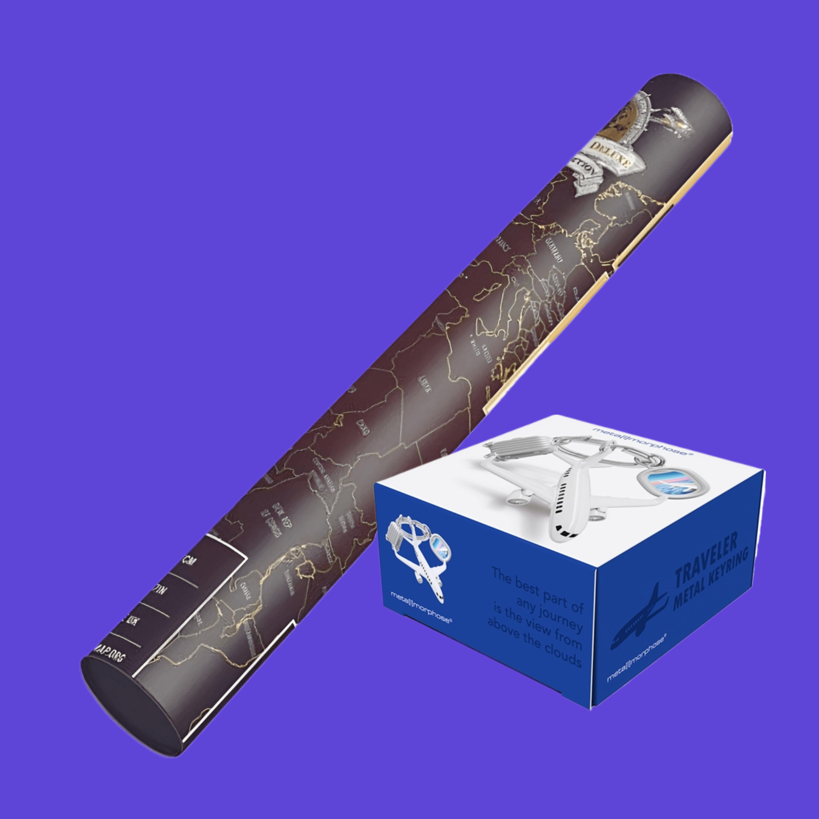  cylindrical product with map design and a blue box labeled 'Traveler' on a blue background