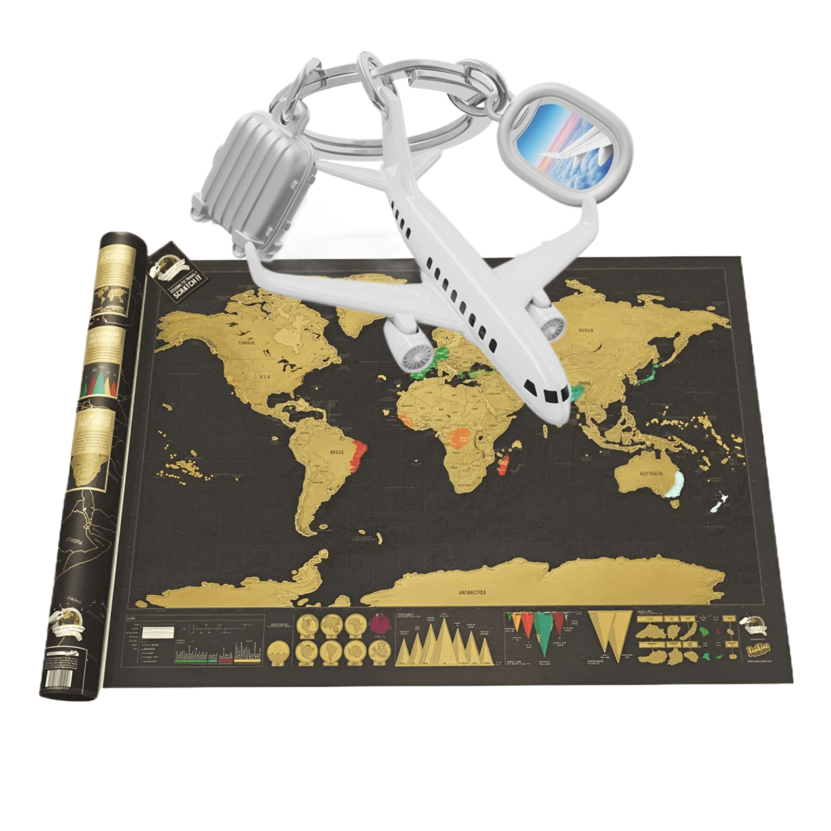 Model airplane keychain on a world map with scratch-off feature