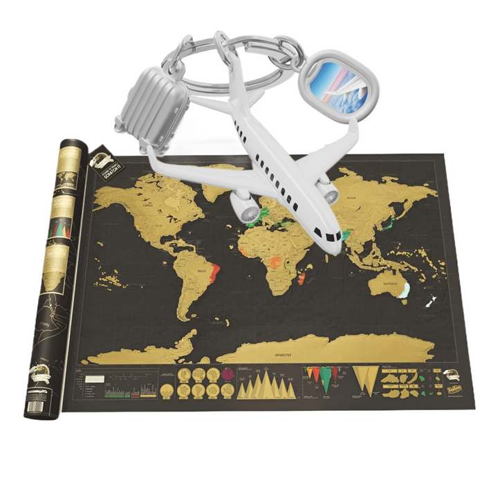 Model airplane keychain on a world map with scratch-off feature