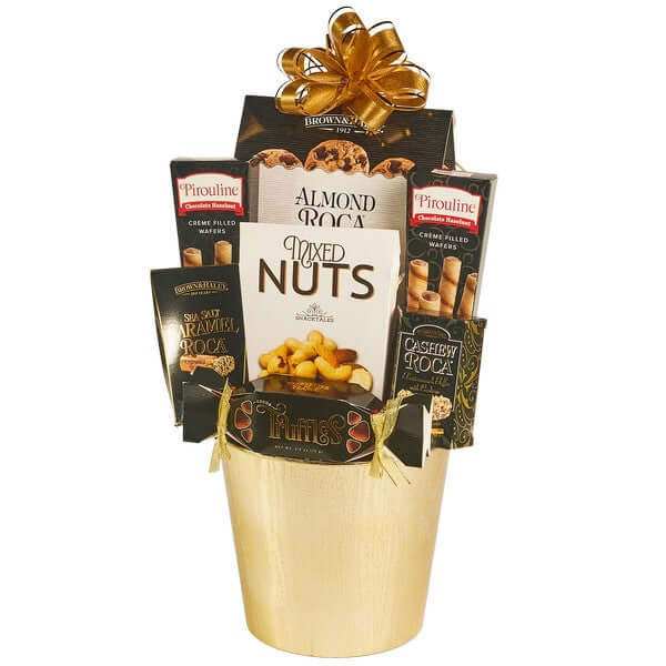 Golden Pot Gift Basket filled with gourmet chocolates, cookies, and mixed nuts in a decorative flowerpot.