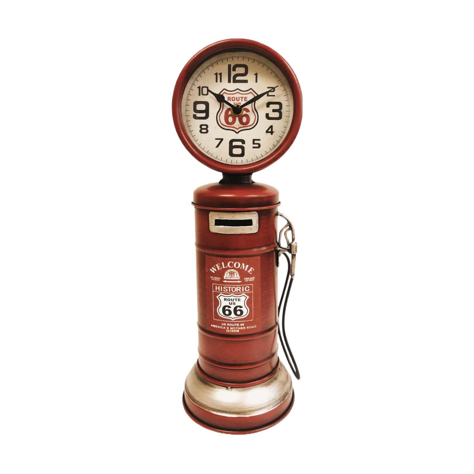 Vintage-style gas pump clock with Route 66 design on a white background