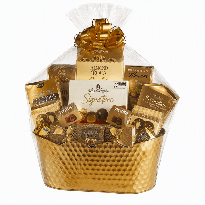 Golden Signature Chocolate & Gourmet Gift Basket filled with assorted chocolates, cookies, and gourmet treats.