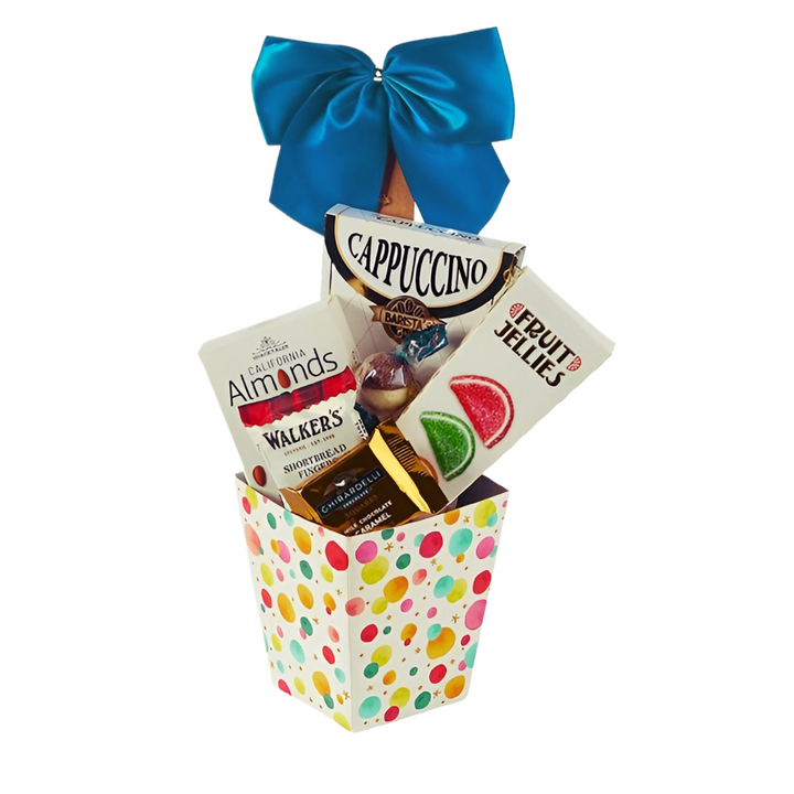 Gourmet Snacker Gift Basket filled with Walker's Shortbread, almonds, cappuccino, and fruit jellies, topped with a blue bow.