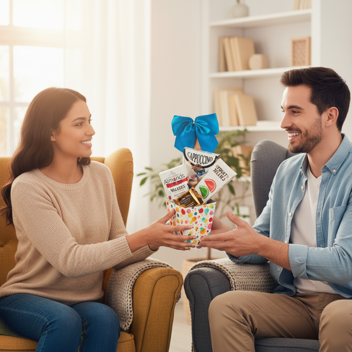 Gourmet Snacker Gift Basket shared between a couple in a cozy living room, featuring colorful packaging and treats.