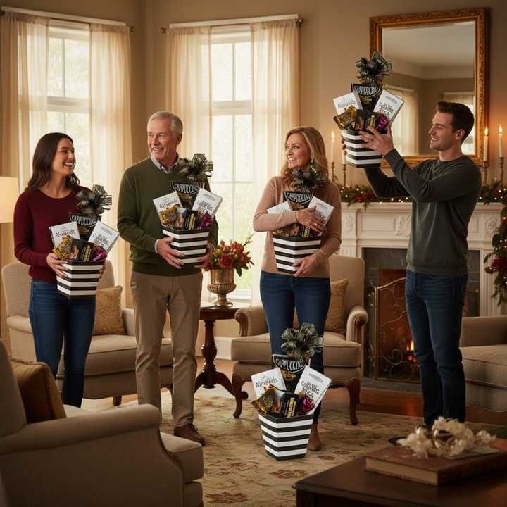 Gourmet to Go Gift Basket displayed by four happy people in a cozy living room setting.