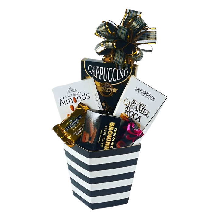 Gourmet to Go Gift Basket featuring assorted snacks, chocolate, and cappuccino in a stylish striped container.
