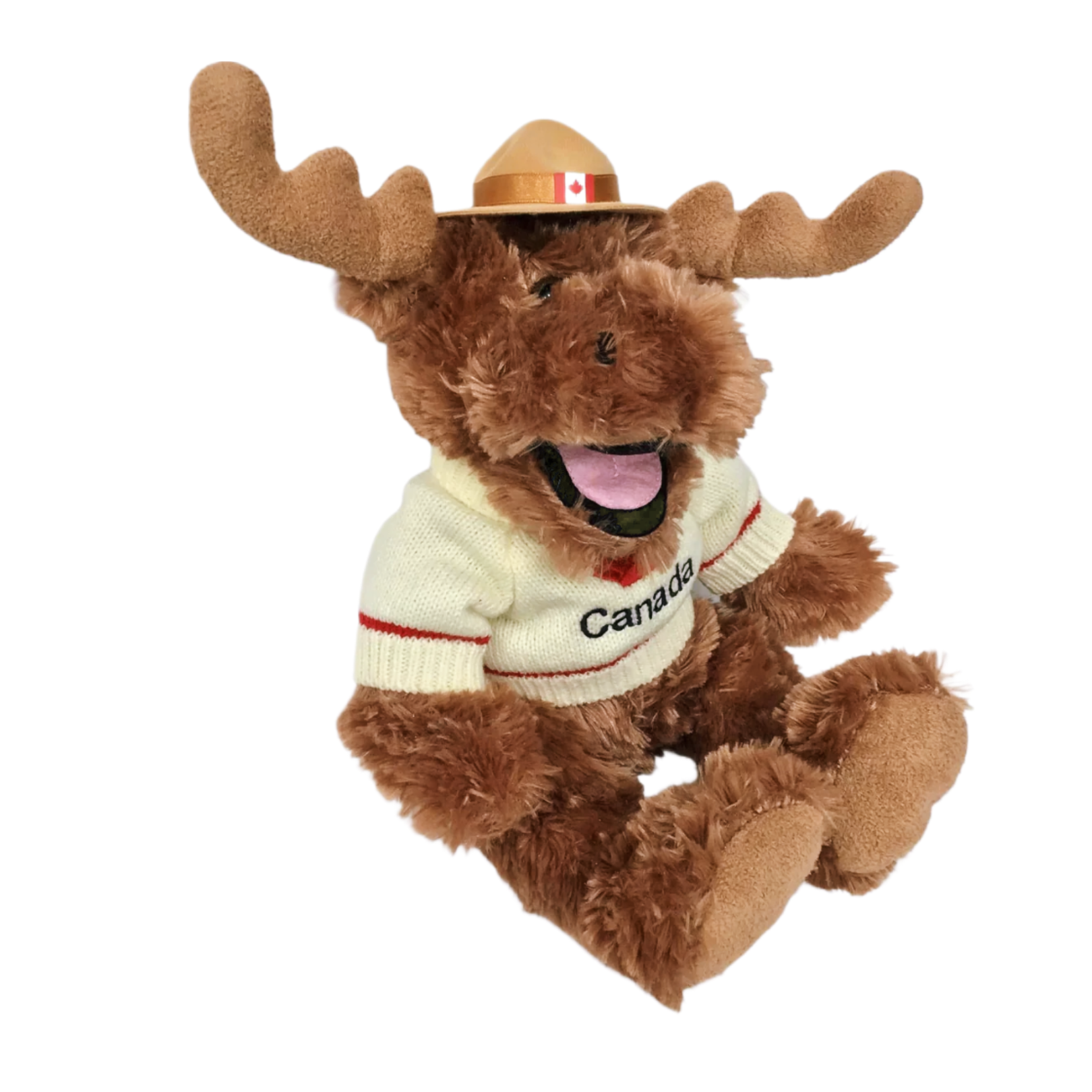 Happy Moose with Plush Canada sweater 15" dressed in cozy sweater with maple leaf and RCMP-style hat.